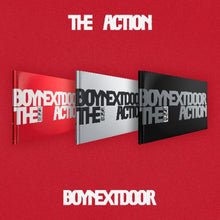 Load image into Gallery viewer, Three album covers with 'BOYNEXTDOOR' and 'THE ACTION' text on a red background.