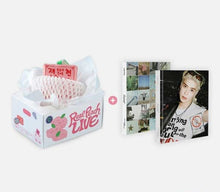Load image into Gallery viewer, The image shows two packages. On the left is a product packaging with a pink and white color scheme, labeled 'Real Peach LIVE', containing various items such as a lucky keyring and a digital code card.
