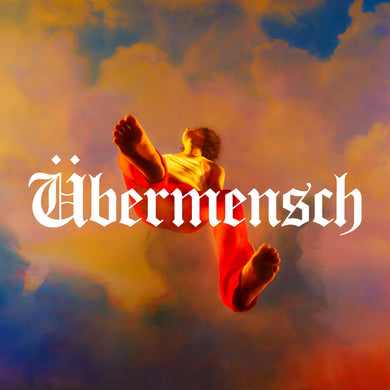 Person in red outfit floating in colorful sky with 'Übermensch' text