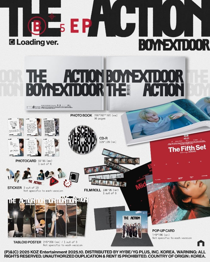 Promotional material for 'The Action' EP by BOYNEXTDOOR, including photo book, CD, and other merchandise.