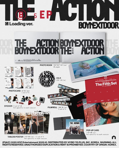 Promotional material for 'The Action' EP by BOYNEXTDOOR, including photo book, CD, and other merchandise.