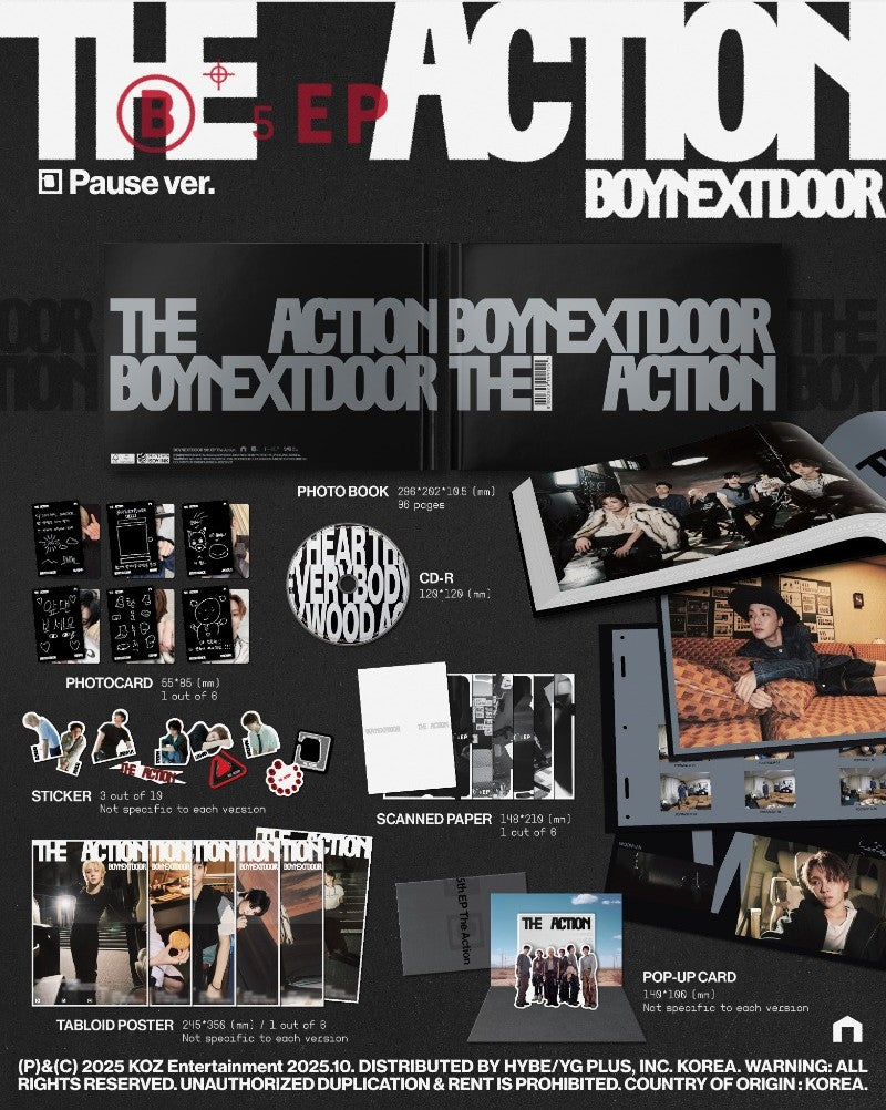 Promotional material for 'The Action' EP by BOYNEXTDOOR, including photos and text on a black background.