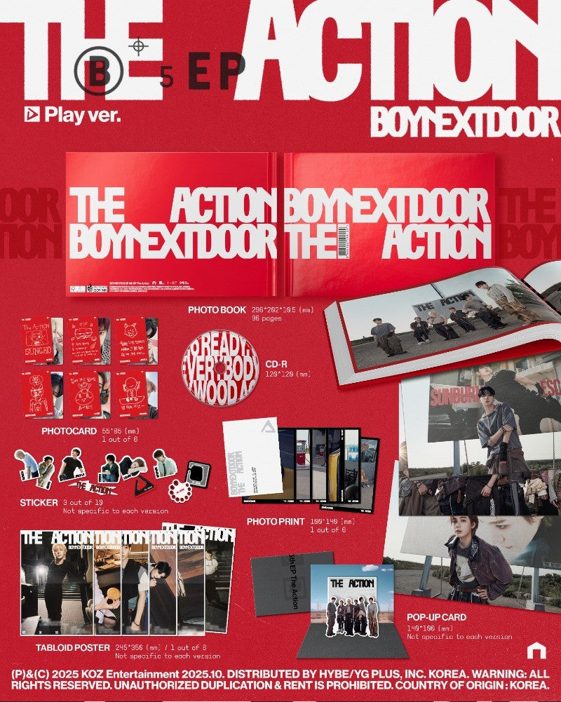 Promotional material for 'The Action' by BOYNEXTDOOR on a red background