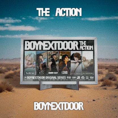 Album cover with 'BOYNEXTDOOR' and 'The Action' text against a desert landscape.