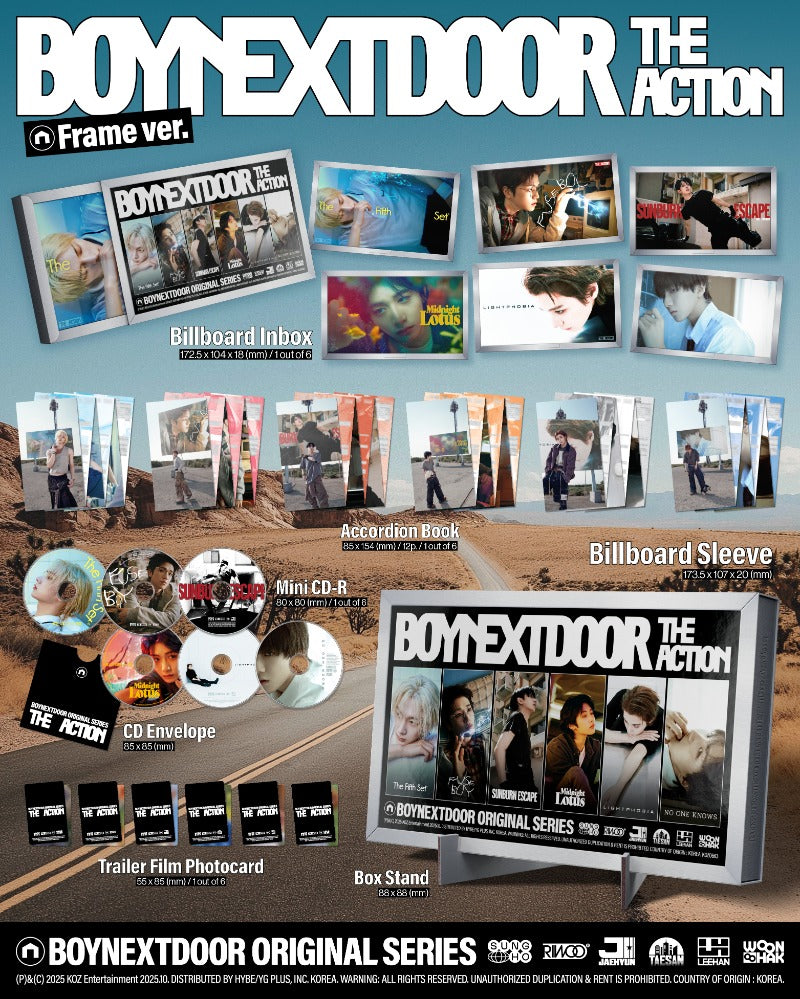 Collection of 'BOYNEXTDOOR THE ACTION' merchandise including photos, CD envelopes, and promotional materials.