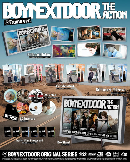 Collection of 'BOYNEXTDOOR THE ACTION' merchandise including photos, CD envelopes, and promotional materials.