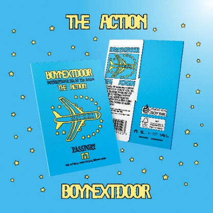 Two blue packages with airplane graphics and text on a blue background with star patterns.
