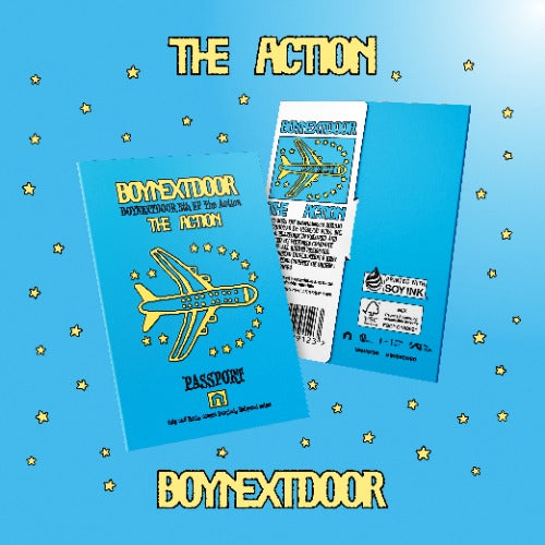 Two blue packages with airplane graphics and text on a blue background with star patterns.