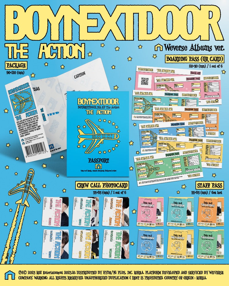 Promotional image of 'The Action' album by BoyNextDoor with various included items on a blue background.