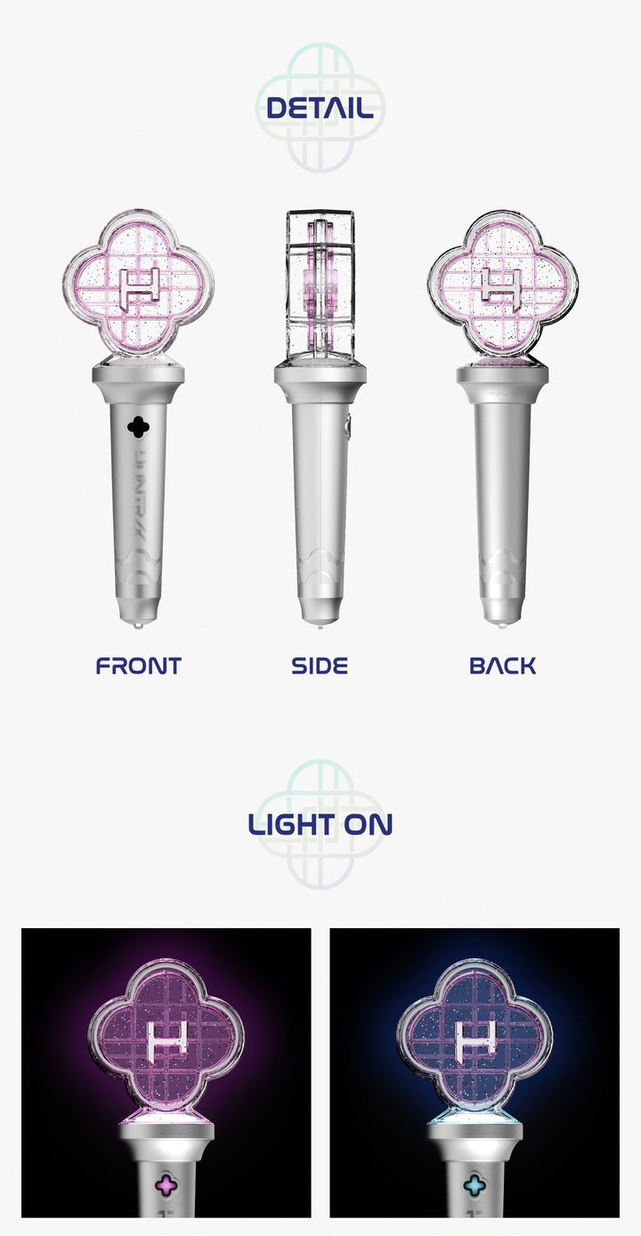 Product detail showing front, side, and back views with a lightstick on display.