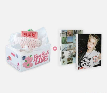 The image shows two packages. On the left is a product packaging with a pink and white color scheme, labeled 'Real Peach LIVE', containing various items such as a lucky keyring and a digital code card.