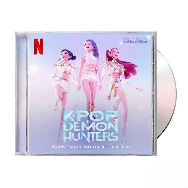 CD cover of 'K-POP Demon Hunters' soundtrack from Netflix with animated characters on a light blue background