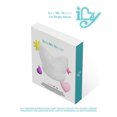 Album packaging for 'Say My Name' with branding and product details on a white background