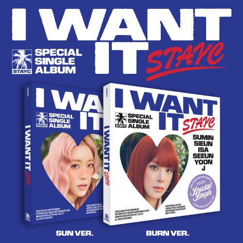 Two special single album covers for 'I Want It' by STAYC on a blue background.