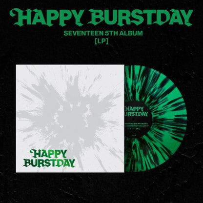Album cover for 'Happy Burstday' with green and white design on a black background