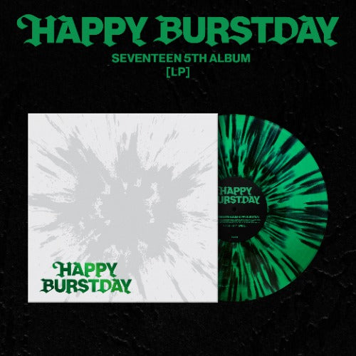 Album cover for 'Happy Burstday' with green and white design on a black background