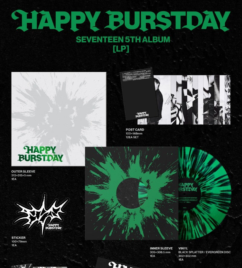 Promotional image of 'Happy Burstday' album packaging with green and black design elements.