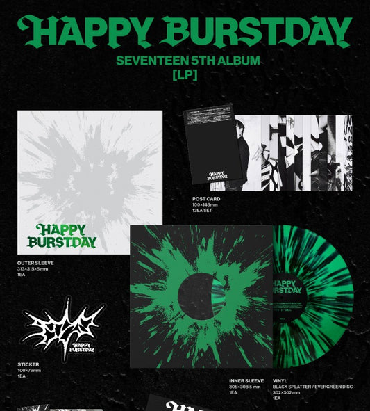 Promotional image of 'Happy Burstday' album packaging with green and black design elements.
