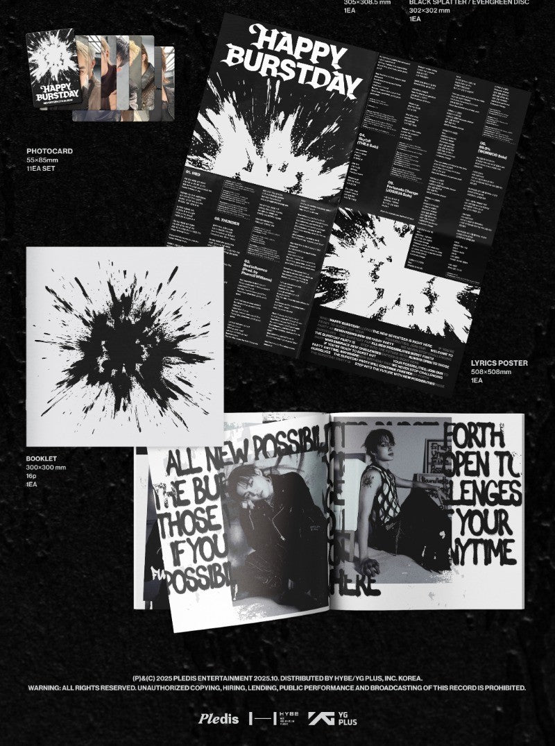 Collection of promotional materials including posters and a booklet with text and images on a black background.