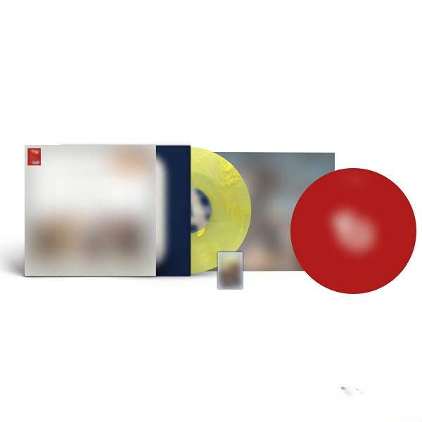 Vinyl record with a yellow center and red circle on a white background