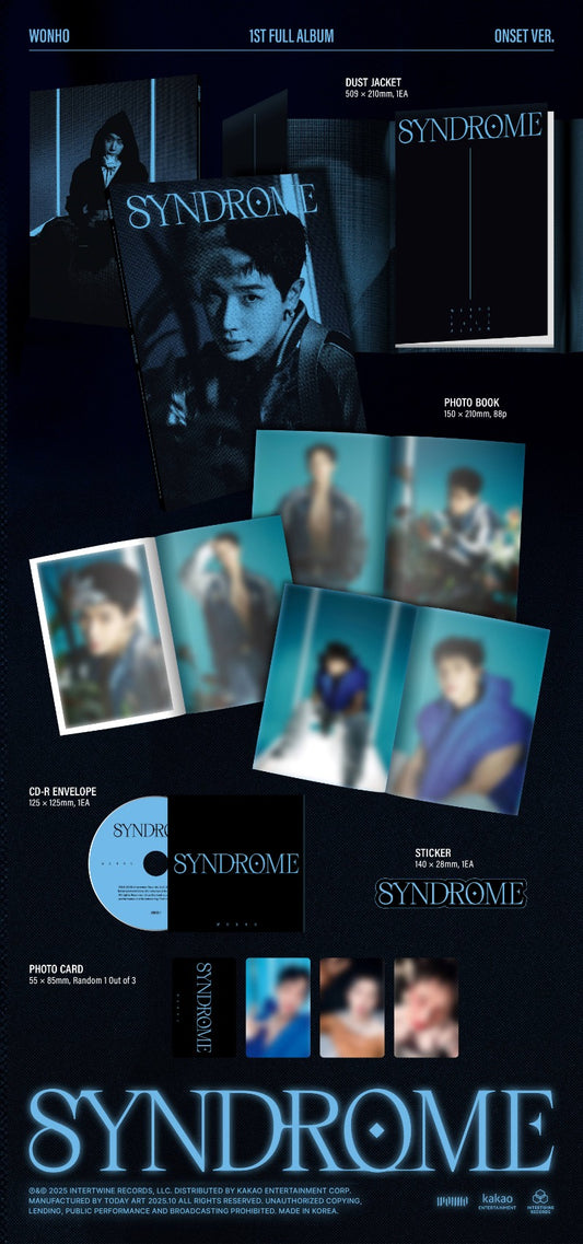 Promotional material for Wonho's 1st Full Album titled 'SYNDROME' with album inclusions.