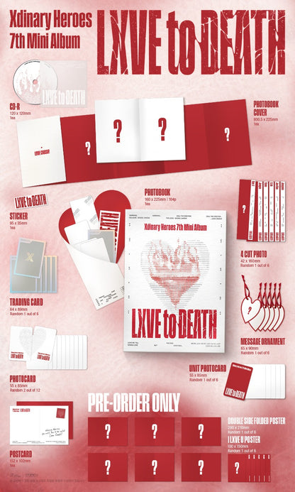 Promotional graphic for Xdinary Heroes 7th Mini Album 'LXVE to DEATH' with product details on a pink background.