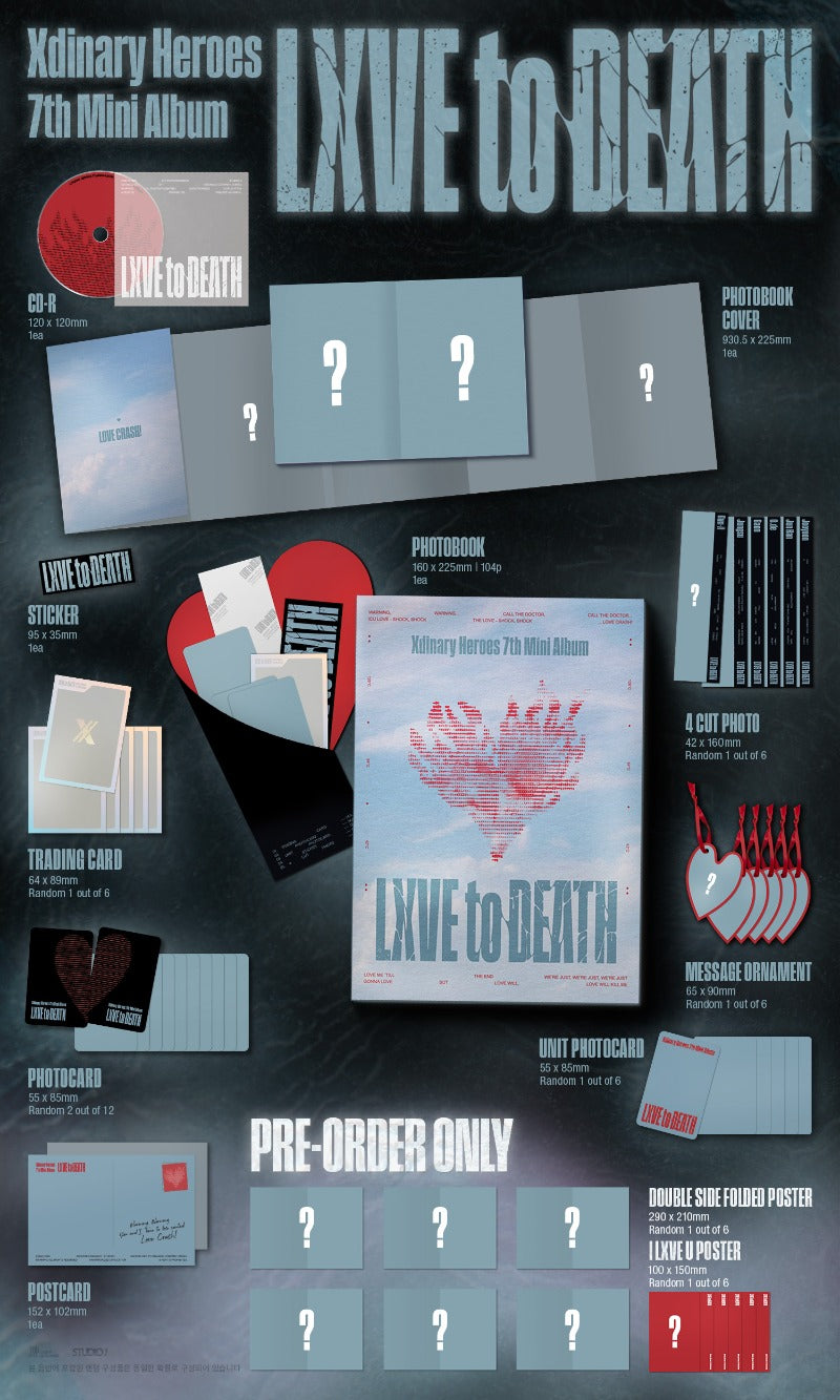 Promotional image of Xdinary Heroes 7th mini album 'LXIVE to Death' with product details.