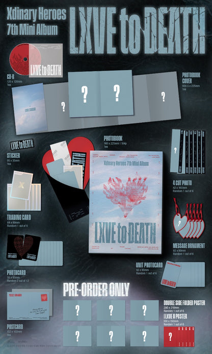 Promotional image of Xdinary Heroes 7th mini album 'LXIVE to Death' with product details.