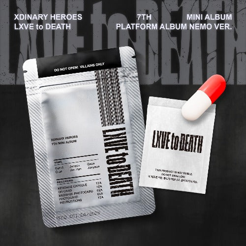 Album packaging for 'XDINARY HEROES LXVE to DEATH' with a pill-shaped object on a dark background.