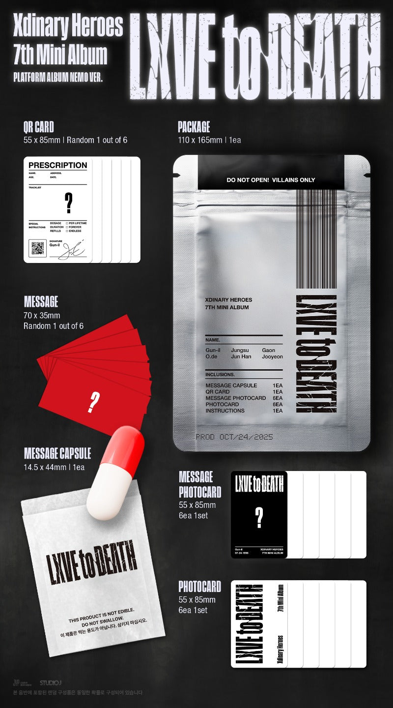 Promotional material for Xdinary Heroes' 7th mini album 'Lxve to Death' on a black background.