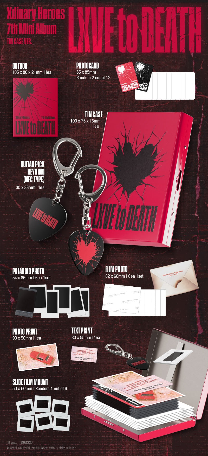 Promotional package for 'Lxve to Death' featuring a book, keychain, and other items on a dark background.