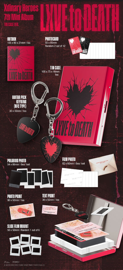 Promotional package for 'Lxve to Death' featuring a book, keychain, and other items on a dark background.