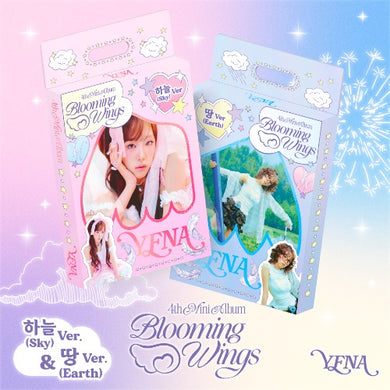 YFNA 'Blooming Wings' album packaging with two versions on a pastel background
