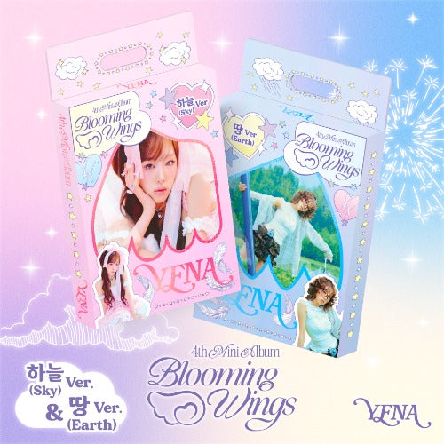 YFNA 'Blooming Wings' album packaging with two versions on a pastel background