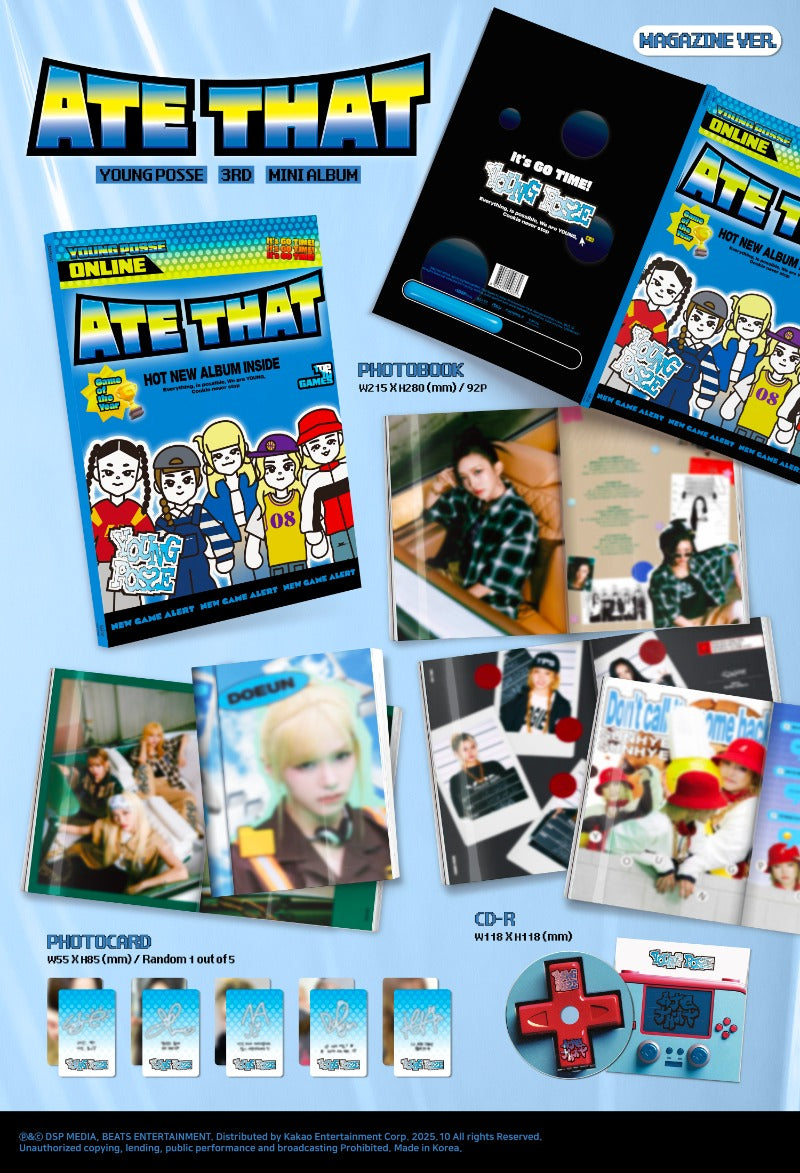 Promotional image of 'ATE THAT' merchandise including photobooks, CD, and other items on a blue background.