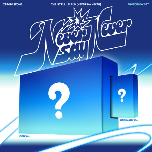 Album cover with 'Never Say Never' text and question marks on a blue background